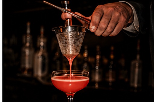 Bartender pouring a red cocktail