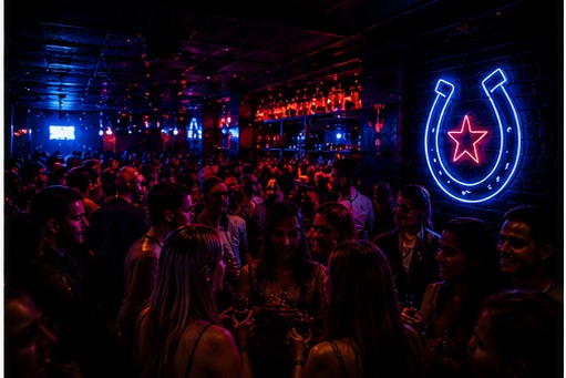 Crowd at The Spotted James under the horseshoe + star neon