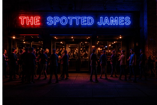 The Spotted James storefront at night with the neon sign