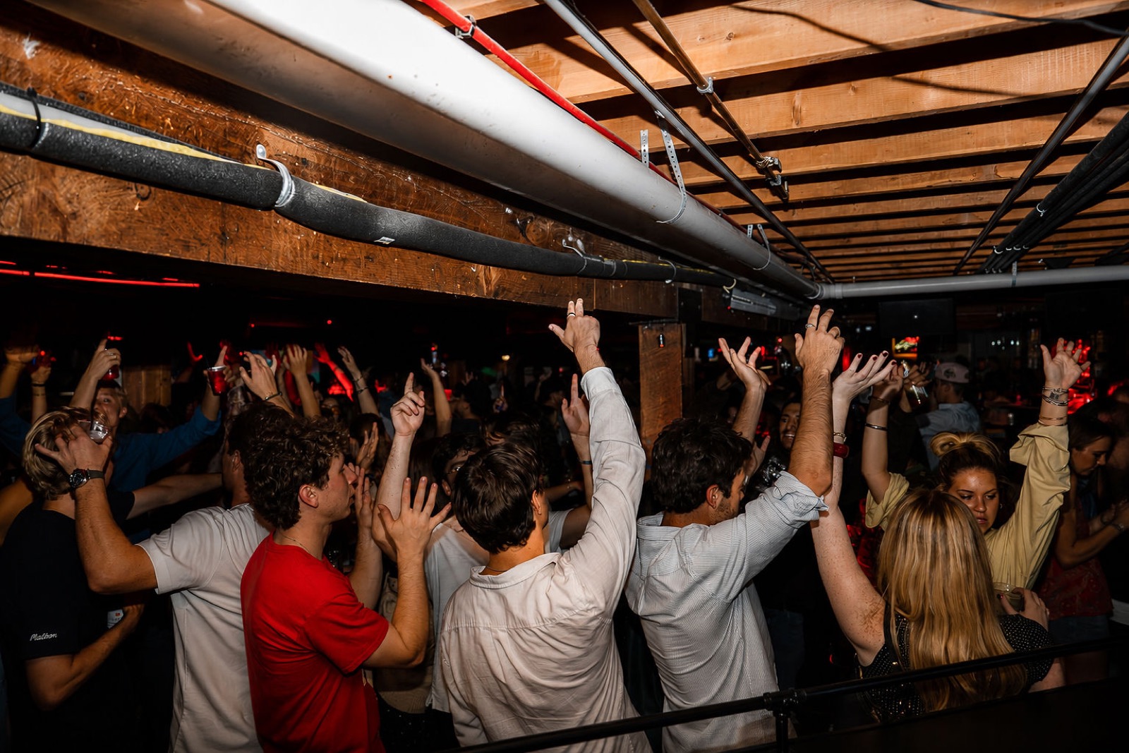 Crowd cheering with arms raised on the dance floor