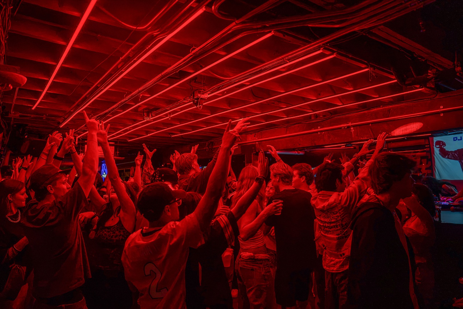 Packed dance floor at The Spotted James with hands in the air under red neon